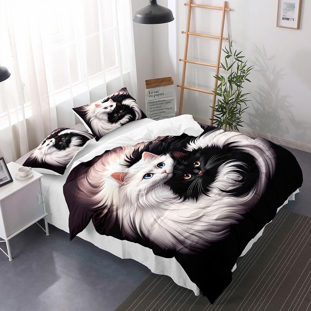 Comforter 3Pcs Cute Cat Yin Yang Black White Cats Bedding Set Soft Microfiber Bedroom Decor Four Seasons