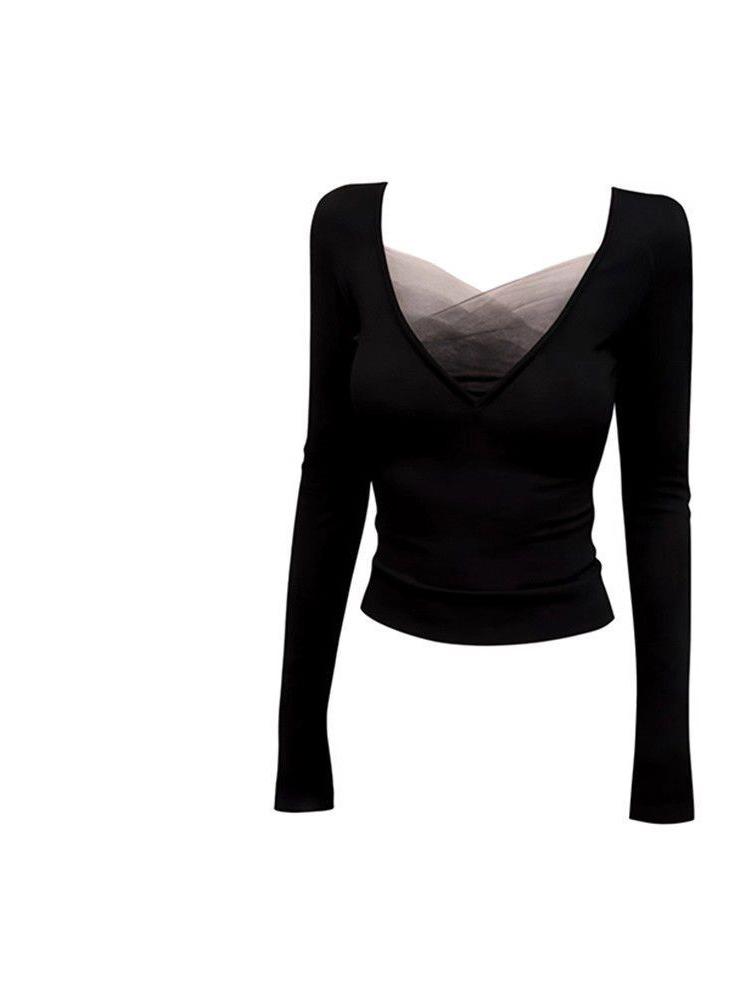 Autumn/Winter V-Neck Mesh Patchwork Long Sleeve Top for Women - Slimming Waist-Cinching Korean Design