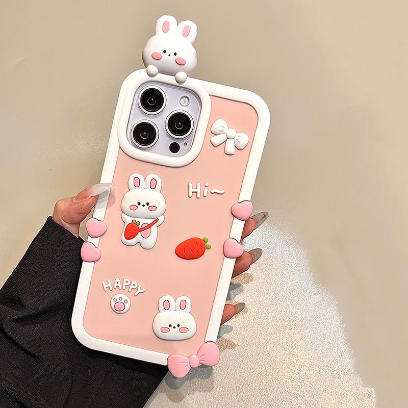 Cartoon Cute Pink Rabbit Soft Silicone Phone Case For iPhone 13 14 15 16 17 Pro Max Shockproof Back Cover Shell