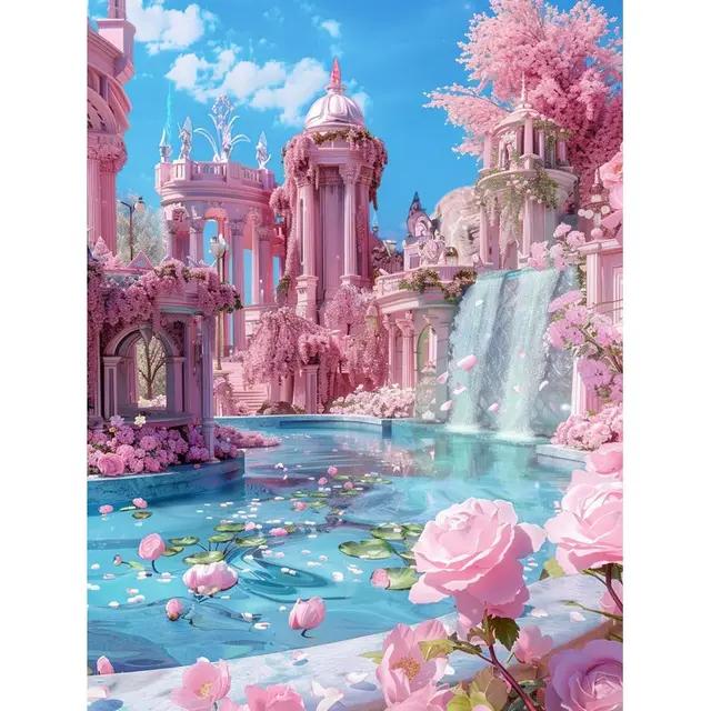 

RUOPOTY акриловая картина по номерам рамка розовый дворец пейзаж картина рисунок на холсте для взрослых подарок «сделай сам», ручная роспись «сделай сам» 40x50cm NO Frame
