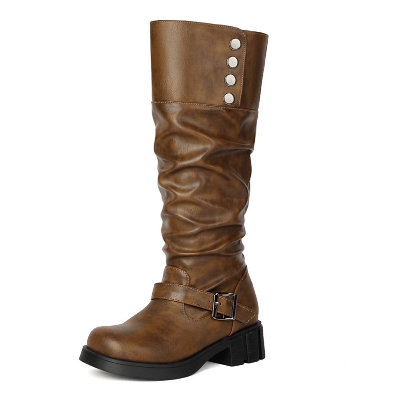 2025 Vintage Women Boots Round Toe Thick Heels 4.5cm Slip On Belt Buckle Metal Decor Plus Size 41 42 43 Leisure Bota
