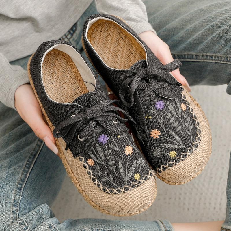 

new autumn literary linen casual shoes women s K exquisite embroidered lace-up cotton and linen shoes 40 чорний колір сірий