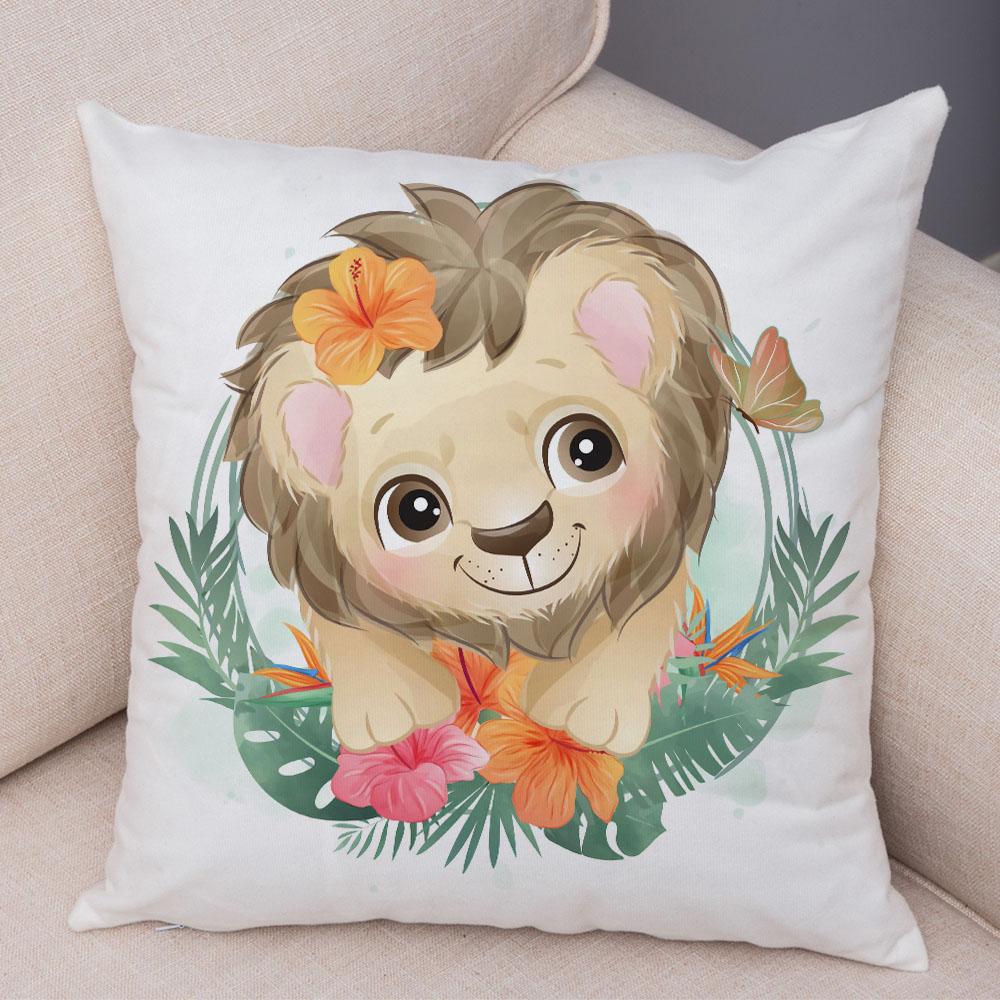Cartoon Bird and Leaves Pillow Case Decor Cute Animal Lion Cushion Cover for Children Room Sofa Home Plush Pillowcase 45x45cm