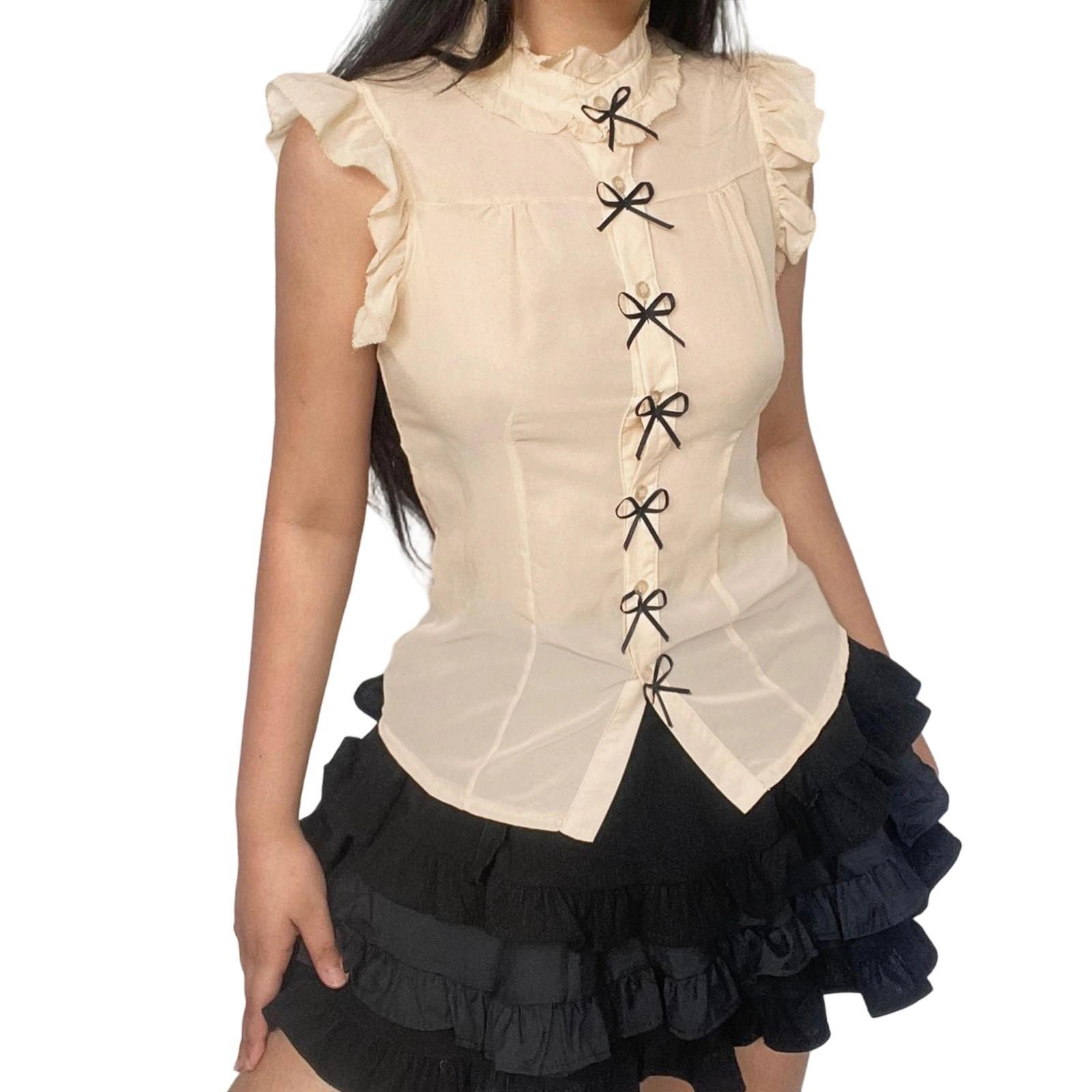 

Women s Elegant Bow Front Ruffle Trim Mock Neck Flounce Cap Sleeve Button Front Regular Fit Blouse Shirt Top S