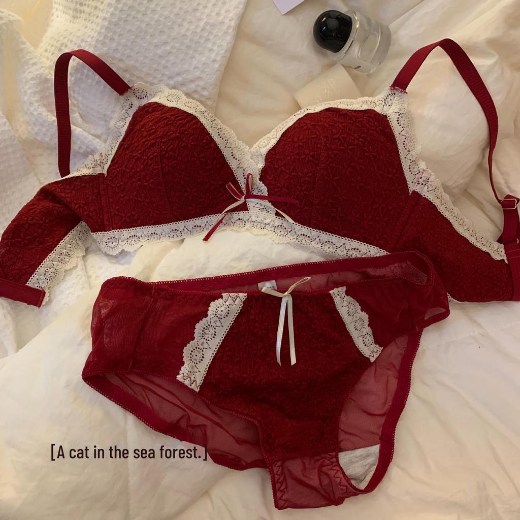 Women's Red Rabbit Year Lucky Sexy Wireless Bridal Bra Set - Gathered Bust