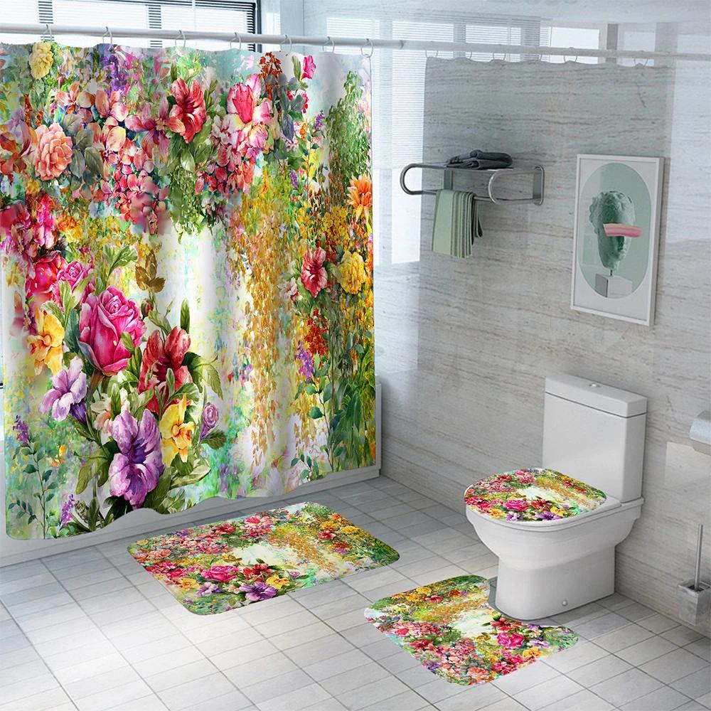Oil Painting Flowers Waterproof Polyester Shower Curtain Set Anti-Slip Soft Bath Carpet Mat Lid Toilet Cover Bathroom Set Decor