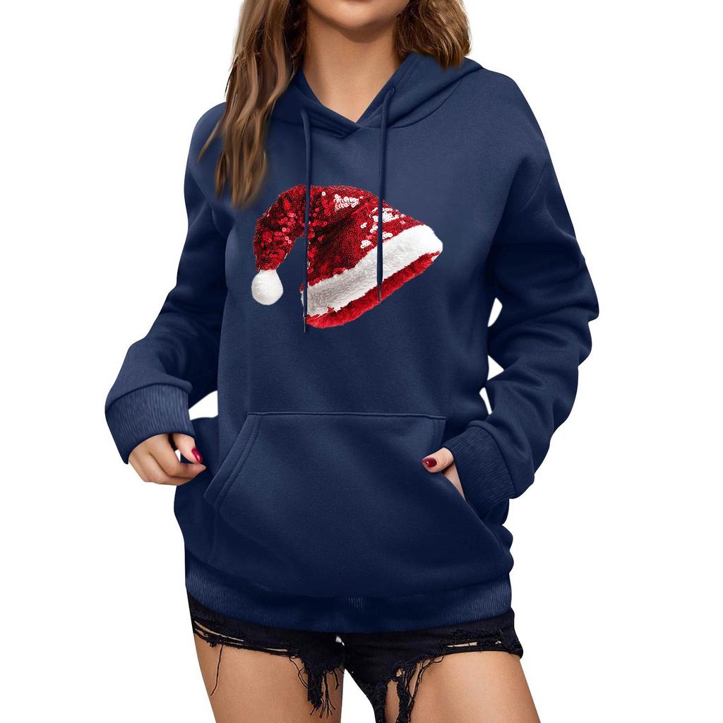 Damen Winter Weihnachten Bedruckter Pullover Kapuzenpullover Fleece Langarm Sweatshirt
