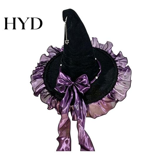 Halloween Witch Hat for Women, Velvet Wizard with Ruffle Durable Brim And Bow Party, Masquerade, Cosplay Costume Accessory Mysterious Design фиолетовый
