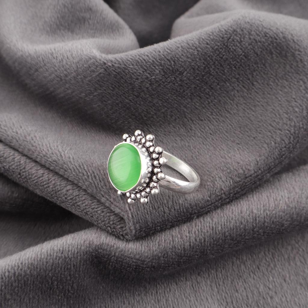 Green Cat's Eye Gemstone Ring, 925 Solid Sterling Silver Jewelry, Handmade Spiritual Jewelry For Wedding Gift