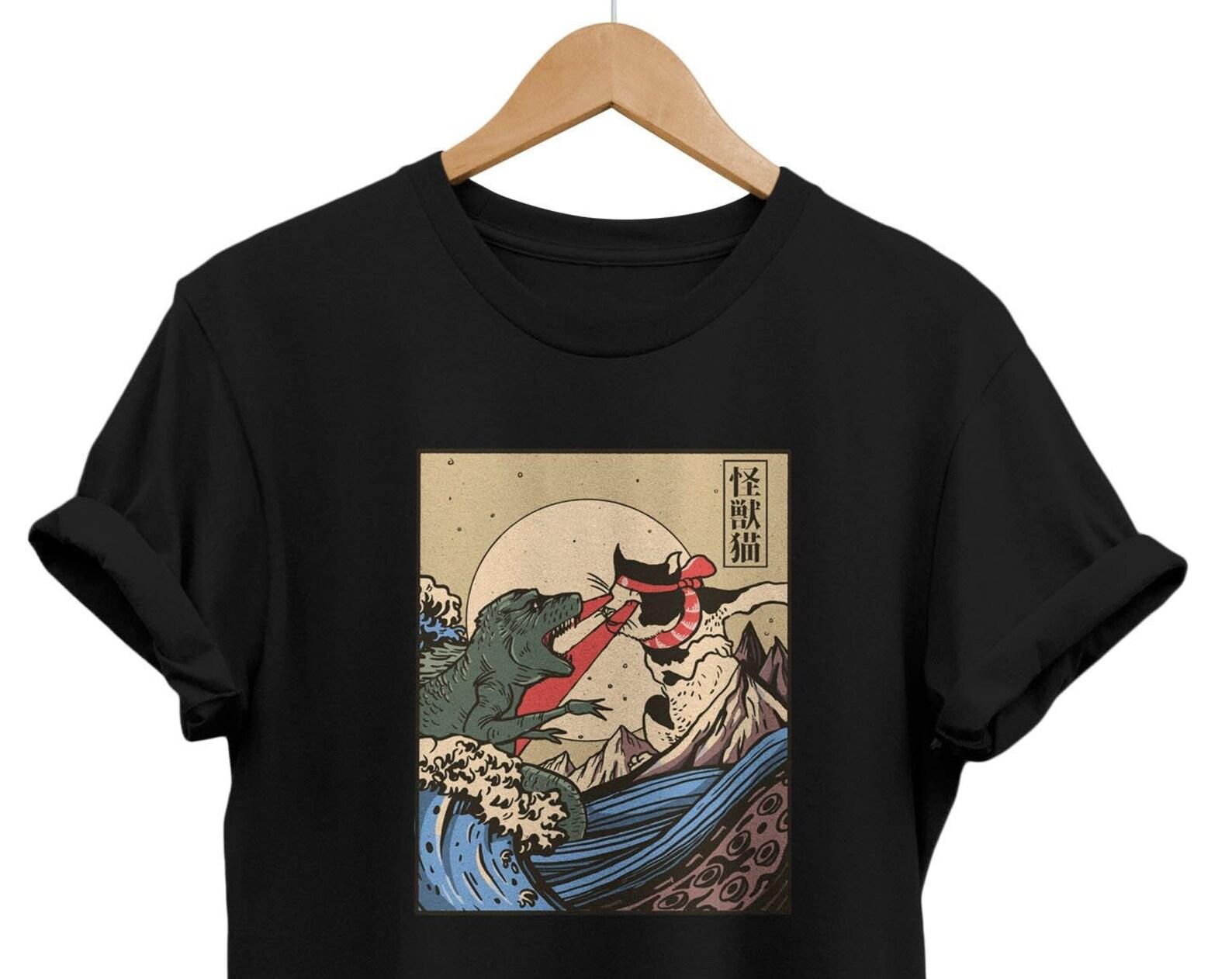 Vintage Japanese Monster Cat T-shirt, Japan Streetwear, Alternative Clothing, Kanji Outfit M