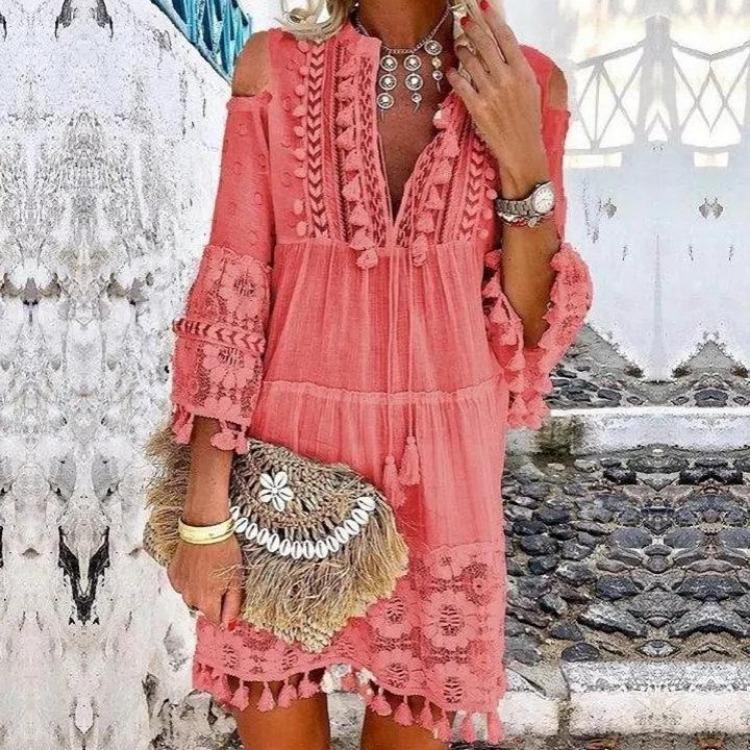 Off Shoulder Bohemian Maxi Dress Embroidered Lace Trim Fringe