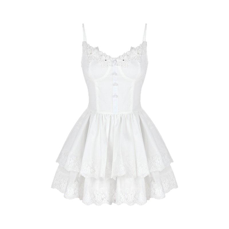 Pure Desire Wind Fairy Small White Dress Korean Waist Design Splicing Lace Off the Shoulder Sleeveless High-end Sexy Skirt Woman