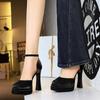 Simple Square Head Hollow Super High Heel Sandal One-Button High Heels Thick Heels Waterproof Table Satin High Heels Women Shoes