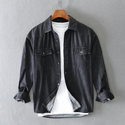 Herren Frühling Locker Lässig Denim Hemd Jugend Herbst Einfarbig Übergröße Revers Jacke