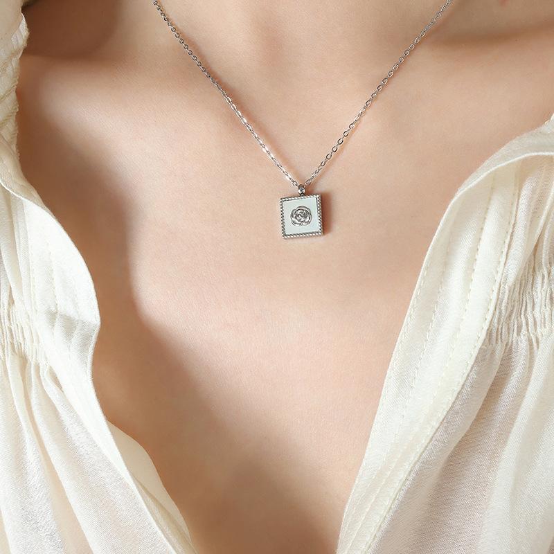 Versatile Fashion Commuter Inlaid White Sea Shell Gilded Camellia Square Brand Pendant Necklace Earrings Jewelry Set