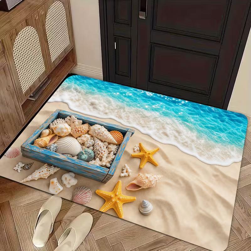 Tropical Blue Beach Sea Wave Starfish Conch Coral Doormat Summer Ocean Print Soft Entrance Rug Indoor Outdoor Carpet