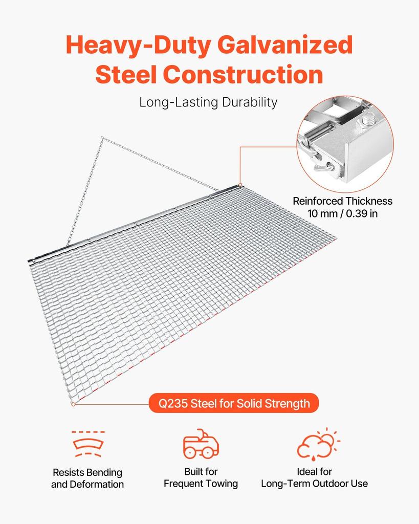Drag Harrow, 1.8x0.9 M, High-Efficiency Chain Harrow Rake, ATVs UTVs Tractors Attachments, Durable Galvanized Steel Mesh Drag Mat with Towing Chain,