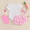 Baby Girls Easter Outfits Letter Embroidery Flying Sleeve Romper + Bunny Print Skirt + Bow Headband + Socks