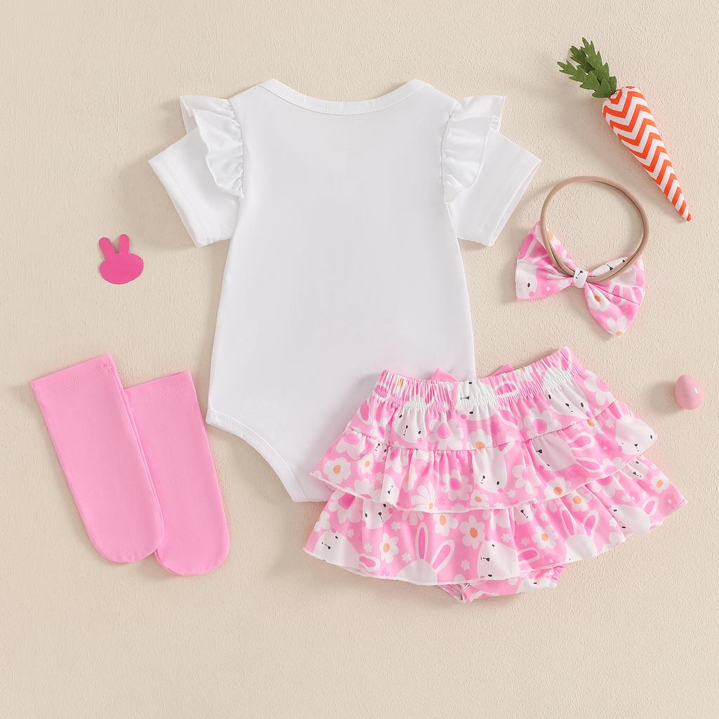 Baby Girls Easter Outfits Letter Embroidery Flying Sleeve Romper + Bunny Print Skirt + Bow Headband + Socks