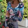 Women's Winter Slim-Fit Base Layer T-Shirt Fashionable Christmas Print V-Neck Pullover Long-Sleeved Top