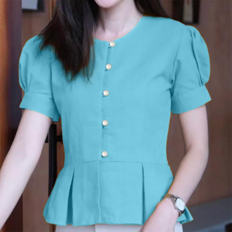 

ZANZEA Женская повседневная блузка с круглым вырезом, летняя, с коротким рукавом, однотонная 5XL синий