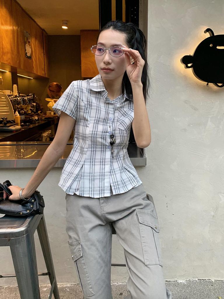 9hour Damen High-End Karohemd im koreanischen Stil, Frühling/Sommer 2026, Seitlicher Kordelzug zur Taillenbetonung, m3889