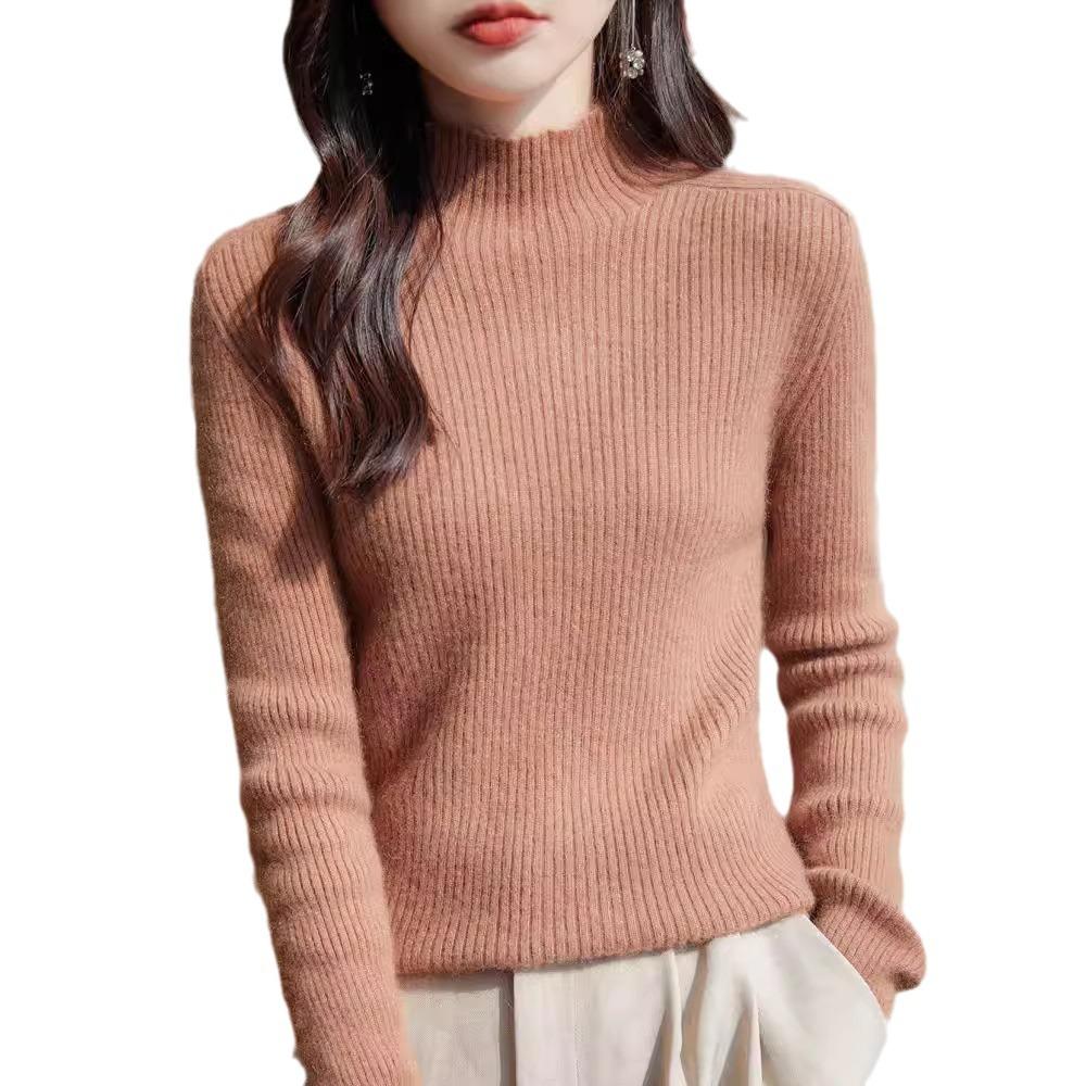 Maglione a collo alto a metà, tinta unita ispessito, pullover aderente, maglia a costine sottile per autunno e inverno, maglia di base