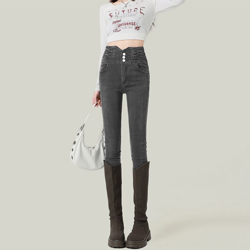 Cement gray skinny jeans women's winter velvet thickened and thin elastic narrow version pencil small feet pants