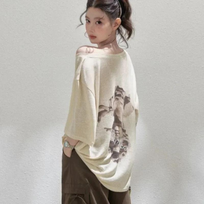 Women Feather Print Loose Short Sleeve Tee M абрикосовый