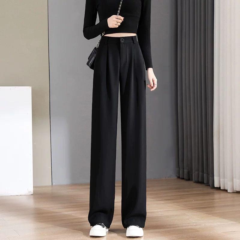 

Women s High-Waisted Black Wide-Leg Pants - Extra Long, Straight-Leg Suit Style, Slimming, Versatile, Casual with Good Drape for Spring & Autumn S 80-90 lbs чёрный