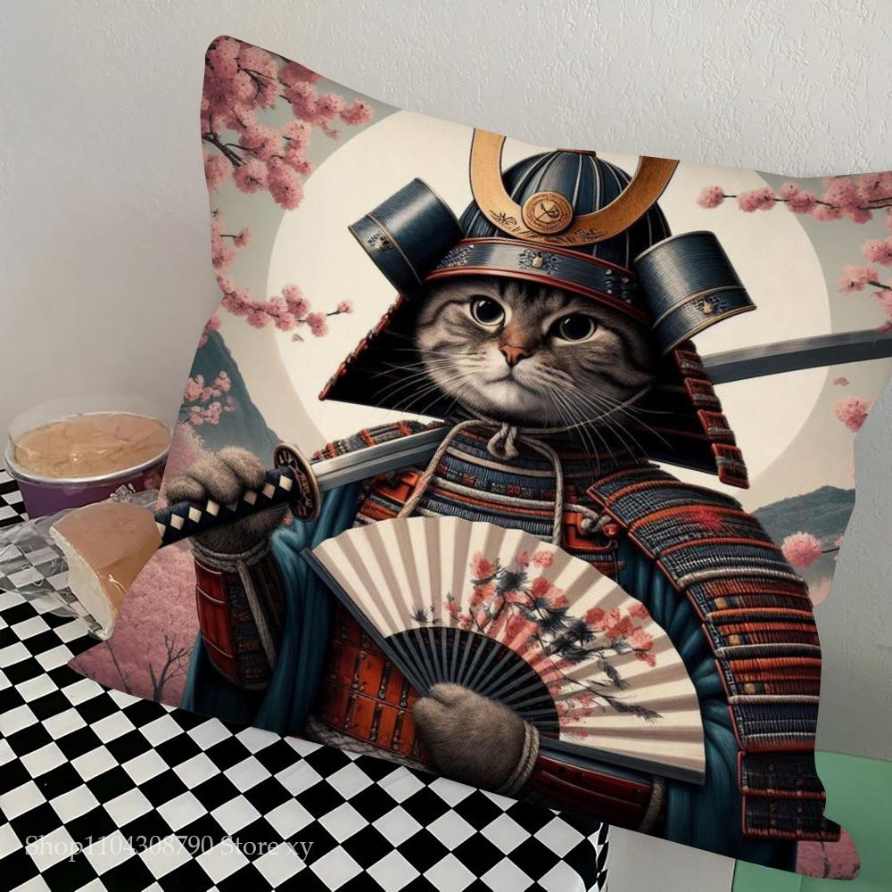 1pc Japanese Tattoo Samurai Cat Pillow Case Square Bedroom Sofa Leisure Comfort Cushion Car Living Room Home Decoration