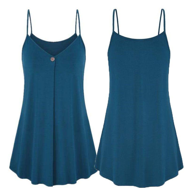 Elegant Women's Fashion Summer Plus V-neck Sleeveless Button Loose Hem T Shirt