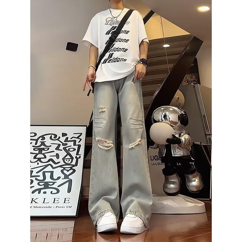 Semi-elastic jeans men's and women's summer thin ripped pants American high street vibe straight-leg micro-pull pants