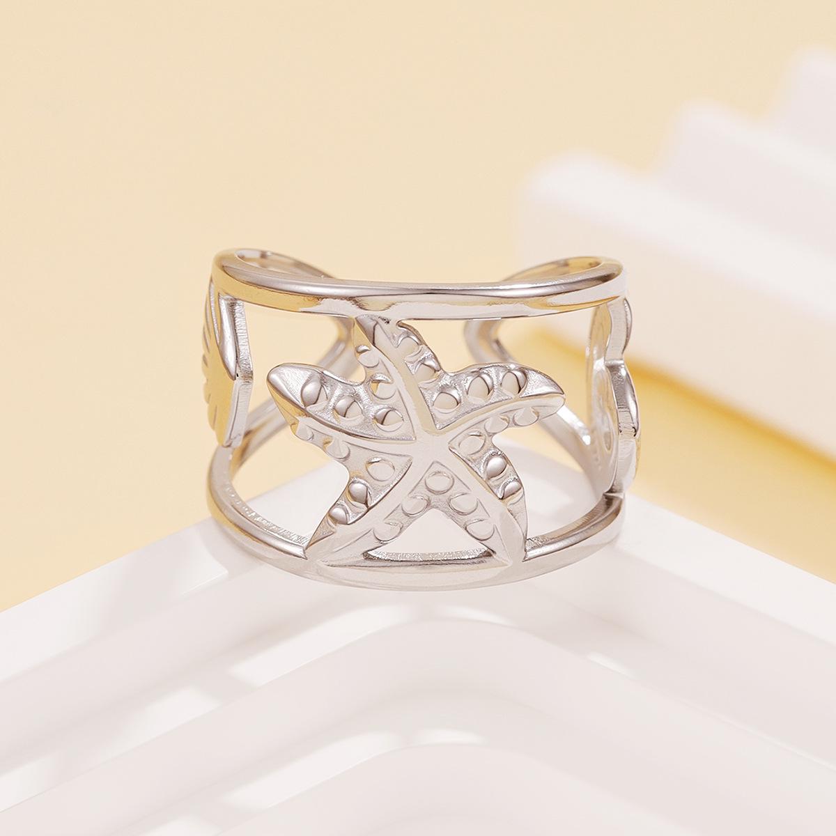 Stainless Steel Hollow Starfish Adjustable Ring - Beach Resort Style Jewelry for Women