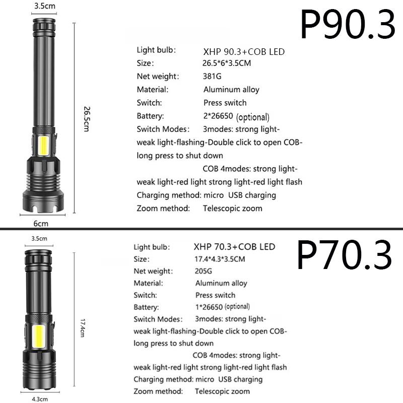 Leistungsstarke XHP90.3/XHP70.3 LED-Taschenlampe 26650 USB-Taschenlampe Laterne Jagdlampe Handlicht USB wiederaufladbar