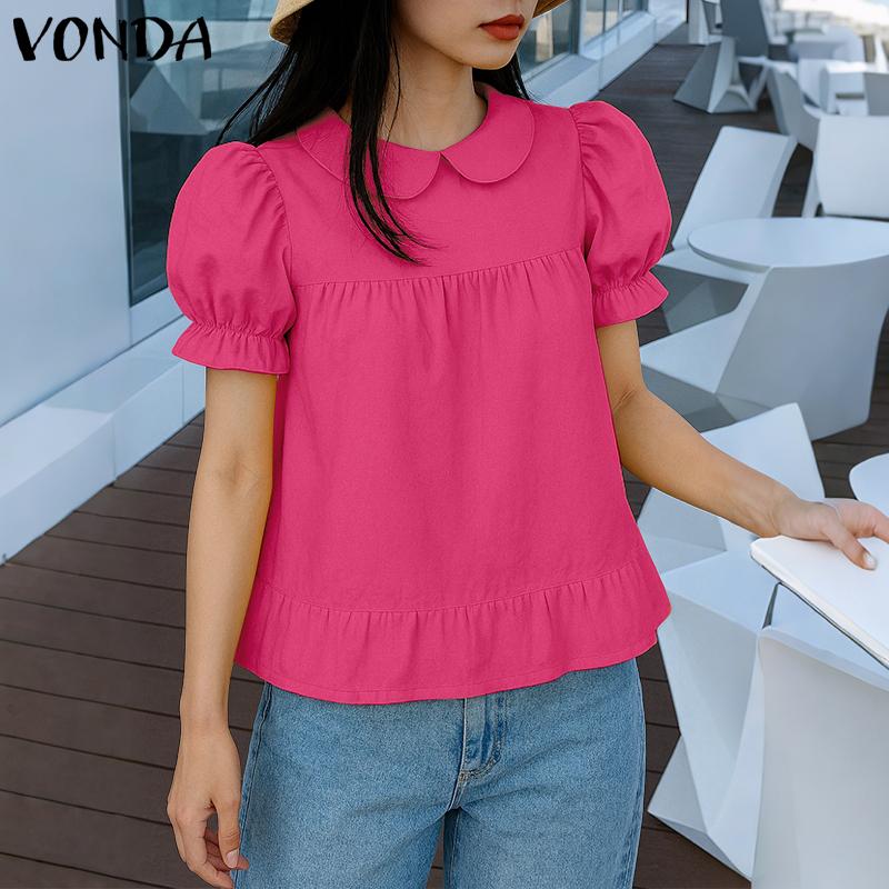 VONDA Women Lapel Neck Blouse Short Sleeve Ruffled Casual Summer Tops
