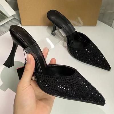 Designer Luxus High Heels Sandalen Frau Elegant Glänzend Diamant Schwarz Mode Pantoletten Slingback PVC Sommerschuhe für Damen