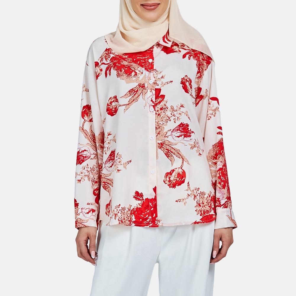 

2025 Новая рубашка с лацканами Ретро Простая с принтом Рубашка с длинным рукавом Сатиновая рубашка для женщин XL красный