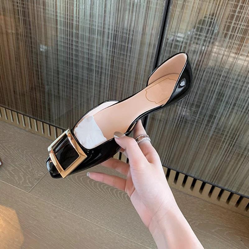

Sheepskin version~ square head shallow mouth single shoes women s buckle French temperament hollow sandals commuting leather grandma flats 40