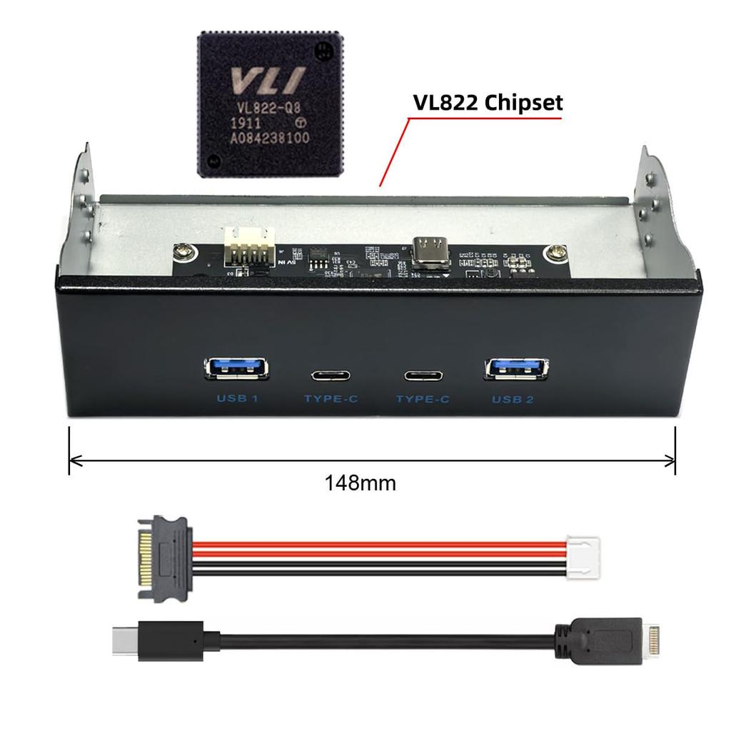 NFHK 10Gbps USB 4 Front Panel to Motherboard Connector for Tray 3.1 Type-A & Type-C Hub, Ports, Type-E Cable, 10Gbps, 5.25-inch CD-ROM