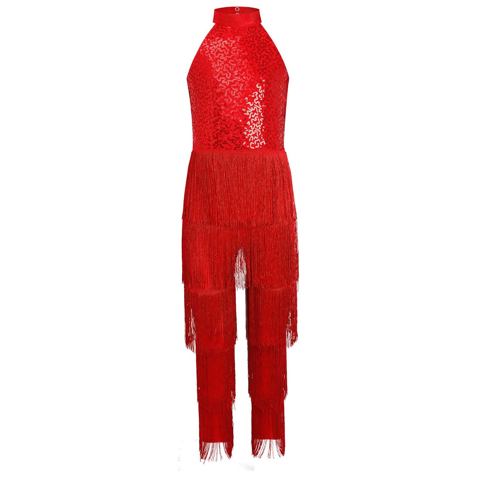 

Girls Halter Sleeveless Backless Sequin Tiered Tassel Dance Jumpsuit Cha cha Latin Costume 7-8 Years червоний