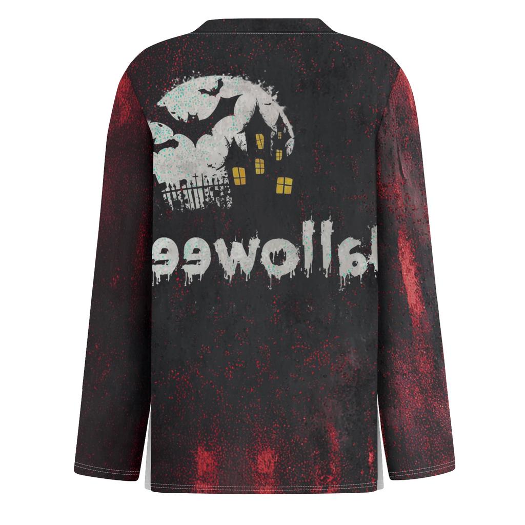 Women's Halloween Print Long Sleeve Top with Side Slit Round Neck for Casual Everyday Wear
