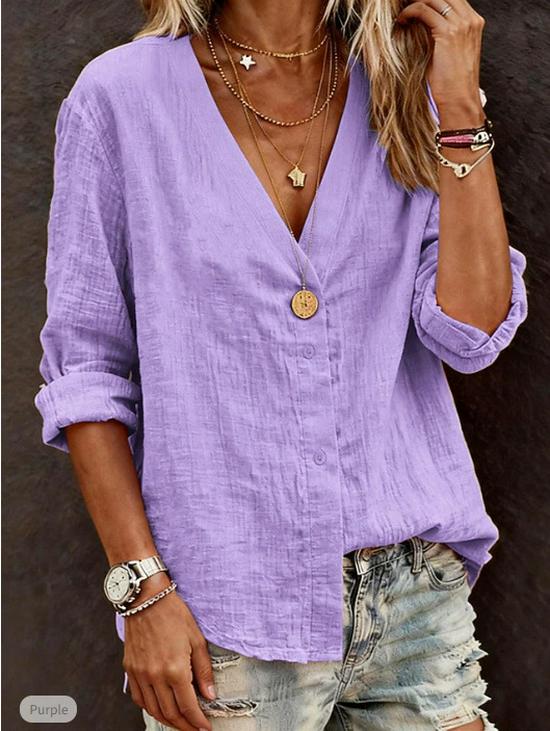 2026 Solid Color V-Neck Loose Cardigan Shirt for Women - Casual European and American Style