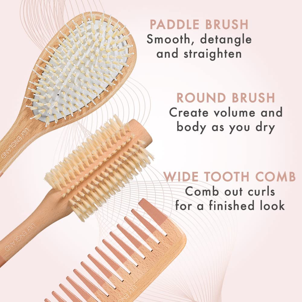 Lily England Wooden Hairbrush Set - Paddle Brush, Round Brush & Comb, Soft Bristles, Women's Hairbrush (Rose Gold)