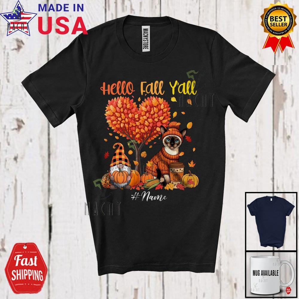 Tričko s vlastním jménem Hello Fall Den díkůvzdání Podzimní strom Srdce Siamská kočka Skřítek