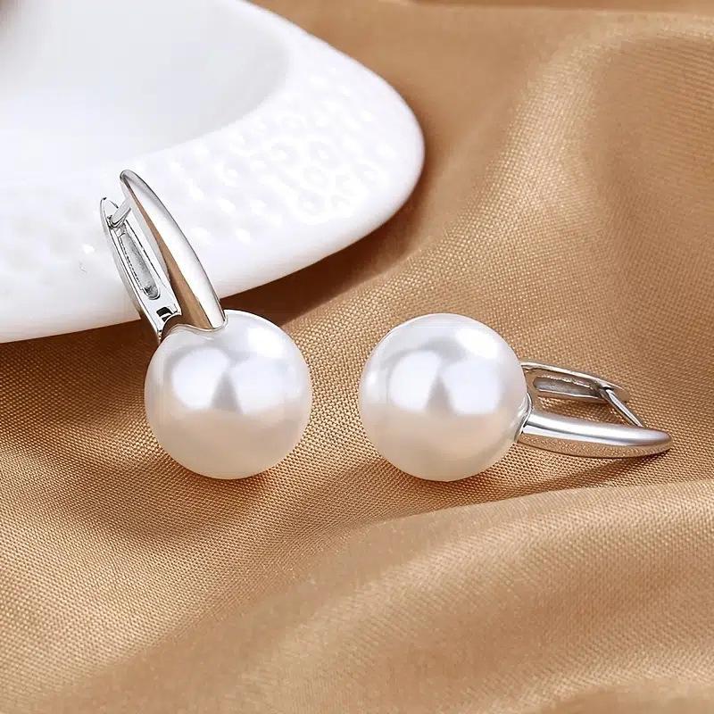 Vintage Female Earrings Sterling Silver Round Pearl Small Earrings for Women Promise Love Wedding Pendientes Bijoux