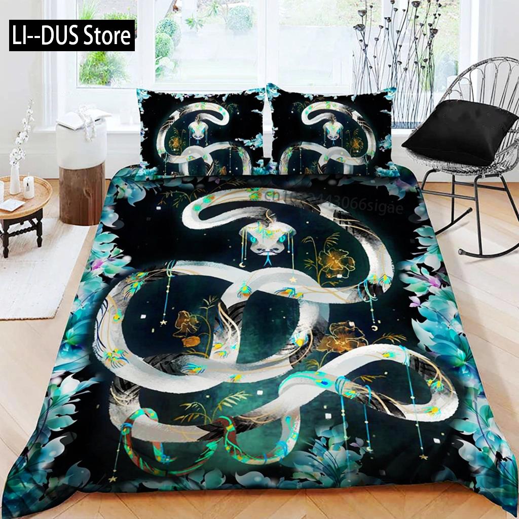Sada povlaku na peřinu Had Zelená hadí ložní souprava Mikrovlákno Zvířecí téma Ložní prádlo Pro chlapce Muže Dvojitá Queen King Size Povlak na přikrývku