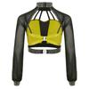 Girls Dance Performance Top Color Block Design Mock Neck Sheer Mesh Sleeves Back Cutout Rhinestone Crop