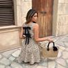 Summer 2026 Casual Floral Print Quilted Ruffle Edge Sling Backless Dresses BOW Sleeveless High Waisted A-Line Sexy Mini Dress
