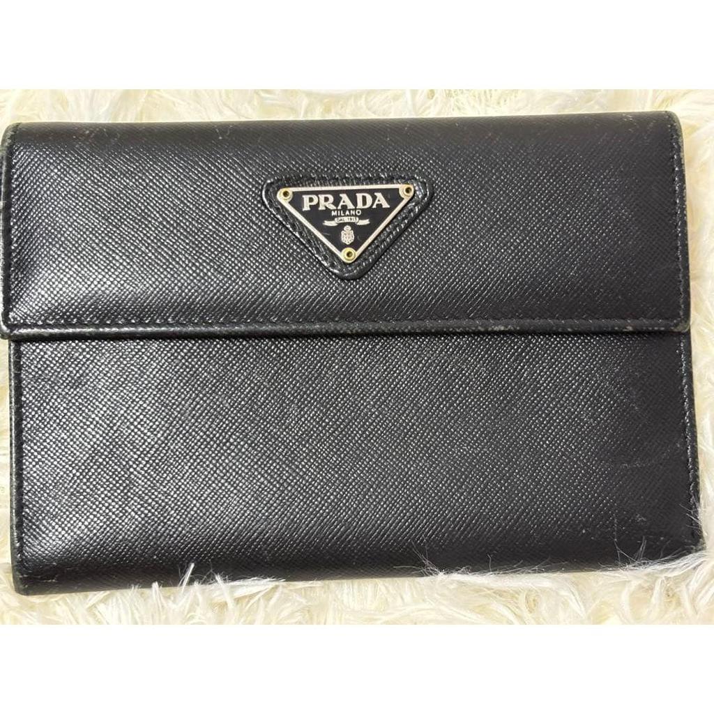 Used Excellent Condition PRADA Saffiano Tri-fold Wallet Black Triangle Logo